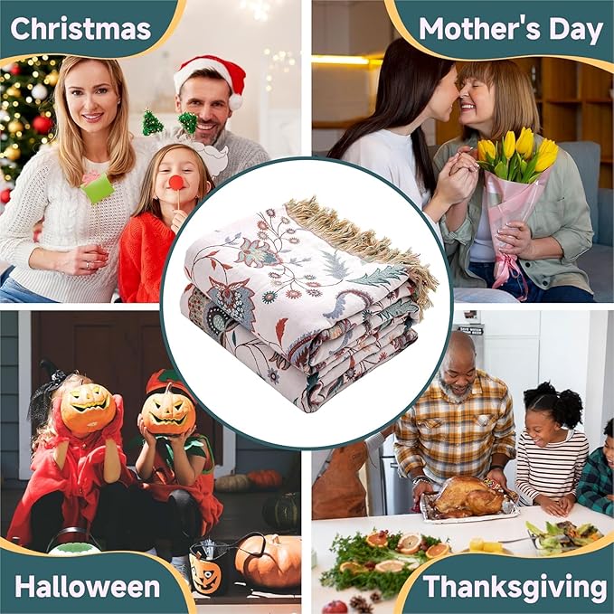 Boho Throw Blanket for Bed,100% Ultra Cotton Soft Breathable Bed Throw Floral Printed Farmhouse Decor Rustic Bed Throws for Couch Sofa Quilt White Flowers 60" x 80"