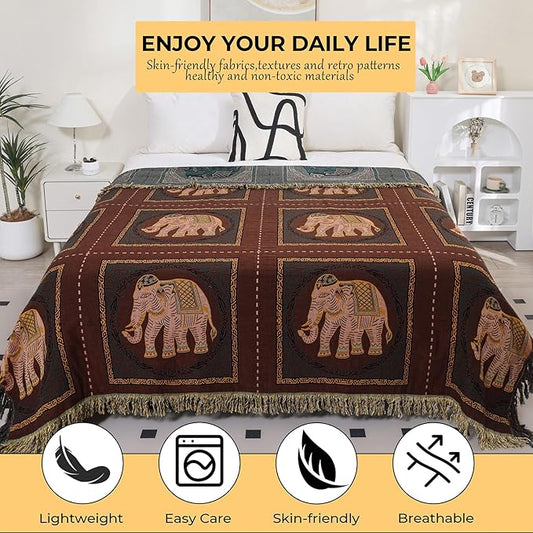 Boho Throw Blanket for Bed with Tassels,100% Cotton Ultra Soft and Cozy Large Blanket Elephant Printed Farmhouse Decor Bed Blankets,80"×90" All Season Rustic Throw for Sofa Couch Chair-Brown