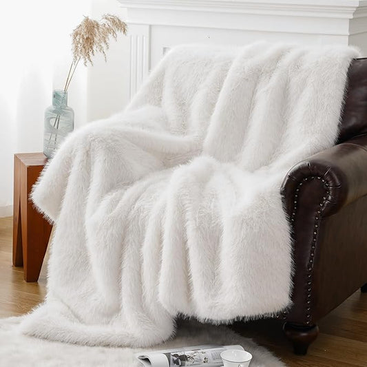 BATTILO HOME Luxury White Faux Fur Throw Blanket, Fluffy Cozy Soft Warm Fur Blanket for Couch, Sofa, Chair, Bed, Plush Fuzzy Fur Throws with Long Pile, 50"x60"(Ivory)