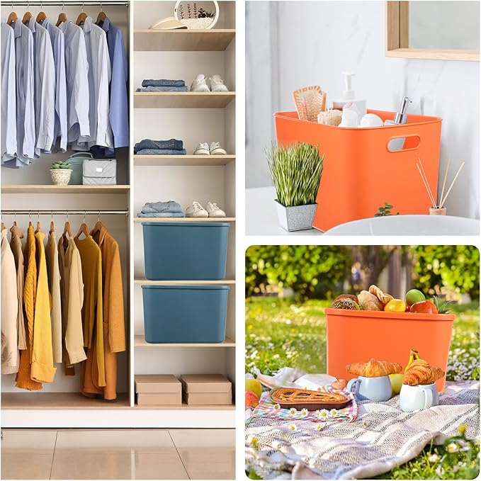 Hoolerry 8 Pieces Colorful Storage Bins with Lid, Plastic Storage Basket Organizing Container Stackable Box with Handle for Shelves Desktop Playroom Office(14.2 x 10.2 x 9.5 Inch,Blue and Orange)