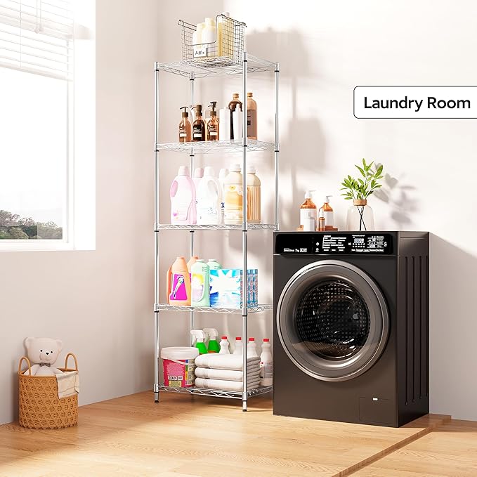 M MZG 5 Tiers Shelf Metal Storage Shelves Wire Rack Closet Organizers with Wheel for Garage Kitchen Bathroom Laundry Chrome 11.8" D x 17.7" W x 55" H