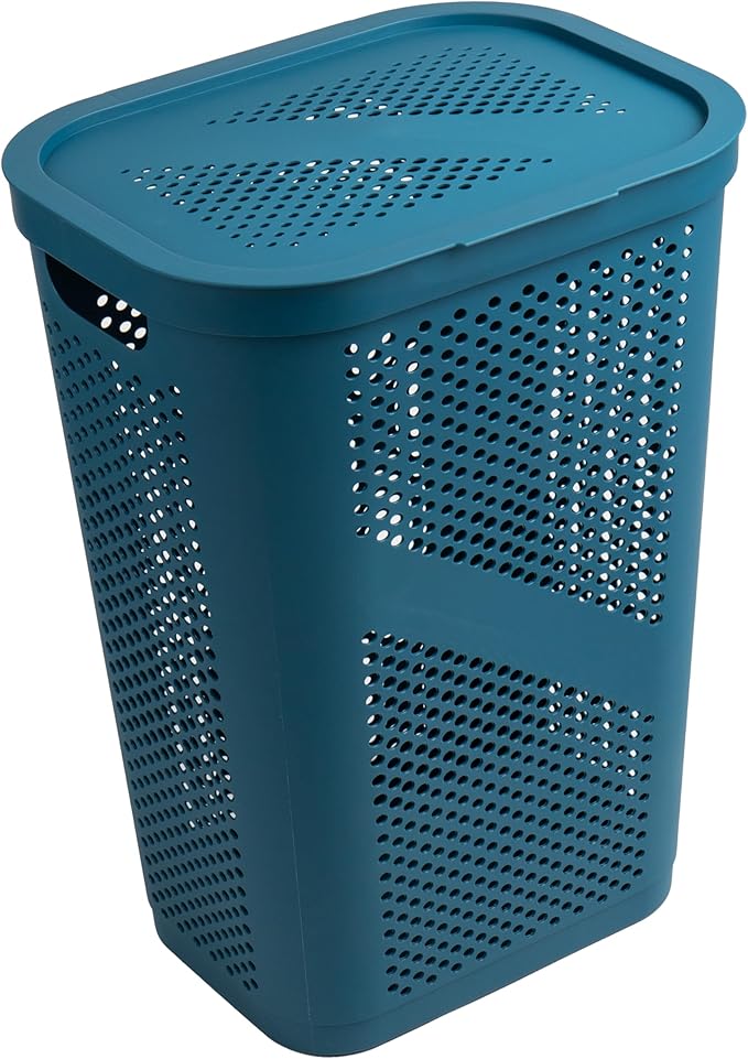 Mind Reader Slim Laundry Hamper with Lid, 60L Clothes Basket, Ventilated Plastic, Blue