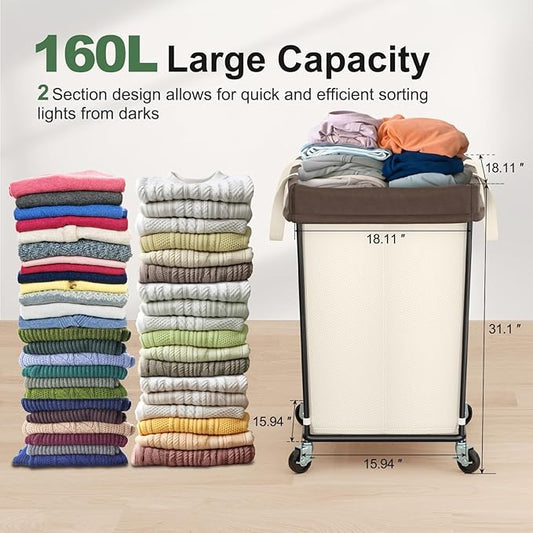 Mefirt 160L Laundry Basket with Wheels, 2 Section Large Rolling Laundry Hamper Bag with Wheels, Clothes Hamper Cart for Laundry, Bedroom, Bathroom and Dorm