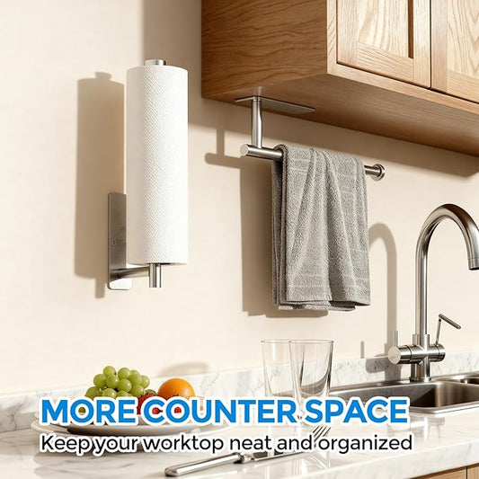 zaa Paper Towel Holder - 2 Pack Under Cabinet Paper Towel Holder, Fits Mega Paper Towel Rolls, Wall Mount Rack for Kitchen, Bathroom, RV, Adhesive or Screw Installation, Silver