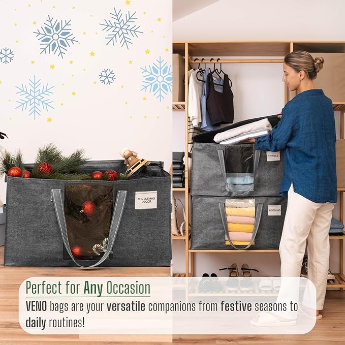 VENO 8 Pack Moving Bags, Christmas Storage Bins, Moving Boxes Alternative, Comforter and Blanket Storage Bags, College Dorm Packing Supplies, Foldable Heavy-Duty Tote with Window (Gray, 8 Pack)