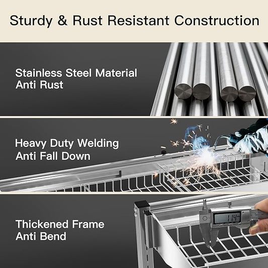 3 Tier Extra Large Stainless Steel Expandable Over The Sink Dish Drainer Drying Rack, Rust Proof Metal, Space Saving, Modern Silver Big Capacity Extendable Plate Strainers Above Kitchen Counter