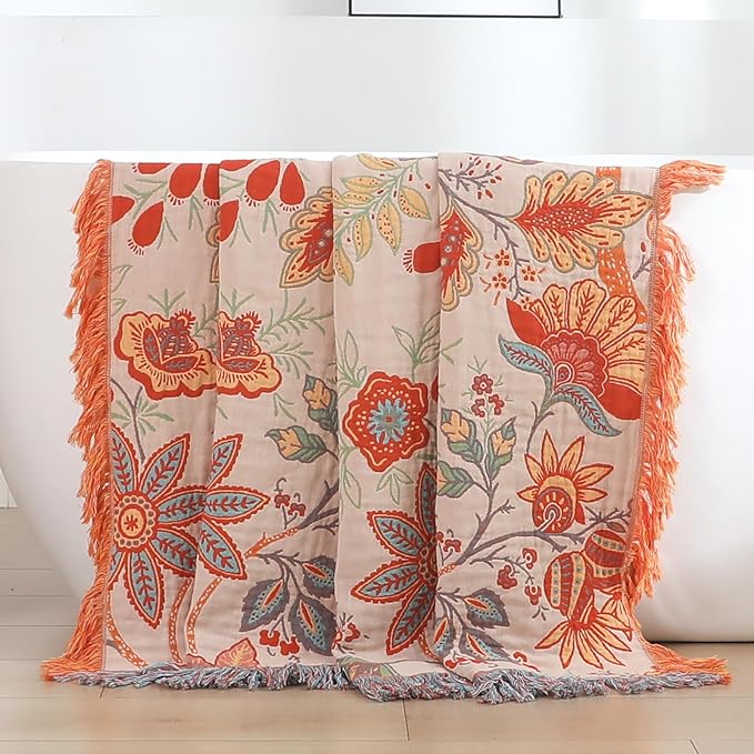 Boho Fall Throw Blanket for Bed,100% Ultra Cotton Soft Breathable Bed Throw Floral Printed Farmhouse Decor Rustic Bed Throws for Couch Sofa Quilt 90" x 98"-Orange& Sage Green