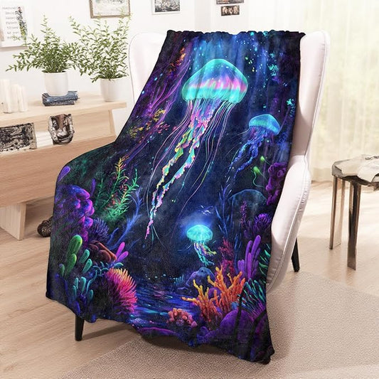 wyxdwh Glowing Jellyfish Blanket, Cozy Flannel Neon Jellyfish with Coral Throw Blanket for Couch Outdoor, Plush Soft Lightweight Travel Blankets for Bed Decor and Gifts, for Women Adults Kids 40"x50"
