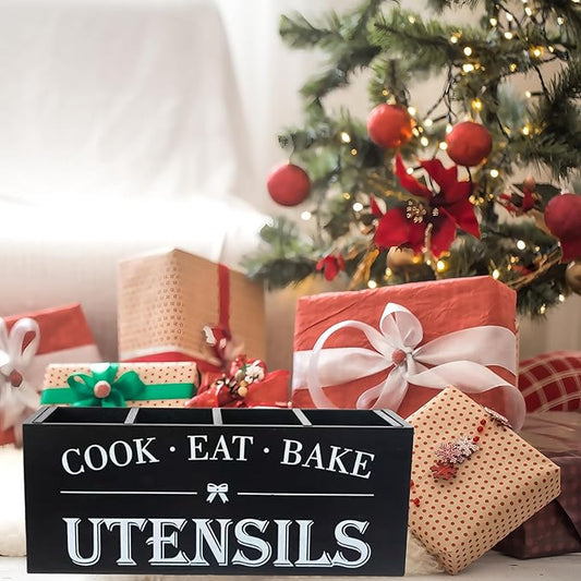 LIBODOUR Utensil Holder,Extra Large Wooden Utensil Holder For Kitchen Counter,Cooking Spatula Organizer,Big Storage Caddy With 4 Compartments Flatware Spoon Tool Cutlery(Black)