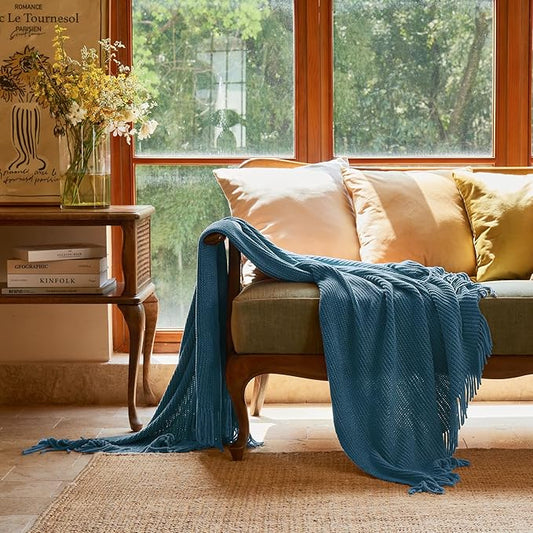 lifein Throw Blanket for Couch, Soft Boho Decor Bed Throw,Cozy Blue Chenille Knitted Small Farmhouse Lightweight Throw (Sky Blue,60 * 80")