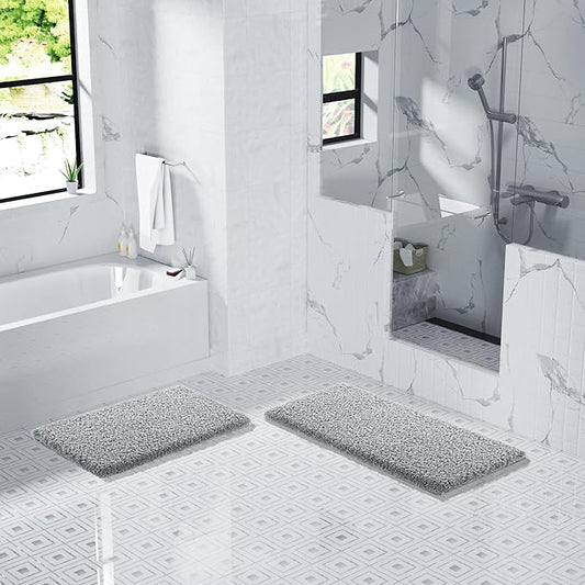 Yimobra Fluffy Plush Bath Rug, Super Shaggy Soft Comfortable Non Slip, Water Absorbent Microfiber Bath Mat, Dries Quickly, Machine Washable Thick Bathroom Rugs for Shower, 44"x 24", Pure Gray