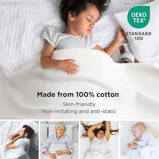 Bedsure GentleSoft 100% Cotton Blanket Queen Size for Bed - Breathable and Lightweight, Soft Cozy Textured Herringbone Woven Blanket for Summer, White, 90x90 inches