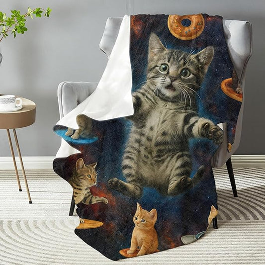 Cosmic Pizza Cat Blanket, Soft Lightweight Warm Cozy Flannel 80×60 inch Throw Blanket for Couch, Travel, Bed, Outdoor, Gifts for Women Men Adults Kids