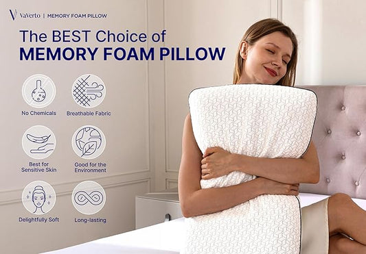 Vaverto Gel Memory Foam Pillow - Standard Size, 1 Pack, Firm Pillow for Neck and Shoulder Support, Orthopedic, Firm, Cooling, Contoured Memory Foam Pillows for Back, Side, Stomach Sleepers