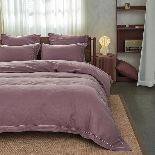 Simple&Opulence 100% French Linen Pillowcase King Size Set of 2, Pure Flax Pillow Covers with Embroidered, Solid Color Pillow Cases with Overlap Closure -Soft and Durable (20" X 36", Purple)