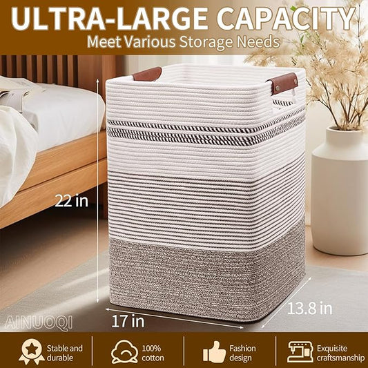 Laundry Hamper - Tall Woven Rope Laundry Basket - Clothes hamper with Leather Handles, 17.8" X 13.8" X 22", Blanket Storage Basket for Living Room, Rice Brown & White