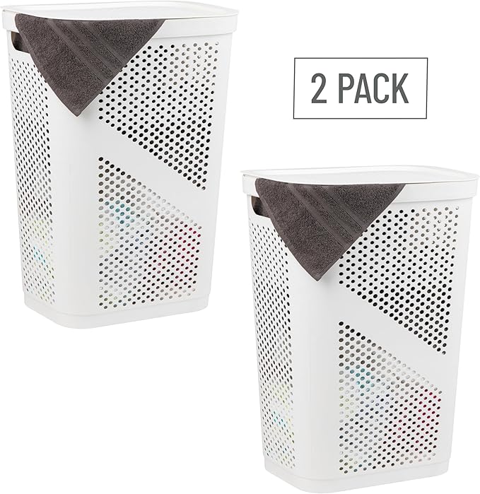 Mind Reader 60L Slim Laundry Hamper, Clothes Basket, Lid, Ventilated, Plastic, Set of 2, White