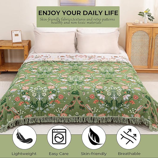 Boho Ultra Soft Throw Blanket 60''x80',100% Cotton Blankets for Couch Bed,Squirrel Farmhouse Home Decor Bed Blankets, All Season Rustic Reversible Bohemian Lightweight Throw for Bed -Light Green 