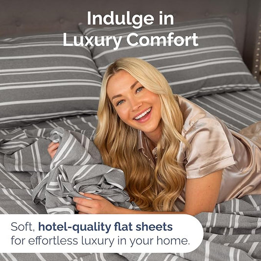 Queen Size Flat Sheet - Hotel Quality Top Flat Bed Sheet Only - Ultra-Soft, Comfy, Breathable & Cooling - Fade & Wrinkle Free - Easy-Care, Stain & Shrink Resistant Bedding - Oeko-Tex - Grey Stripes