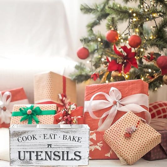 LIBODOUR Utensil Holder,Large Wooden Utensil Holder For Kitchen Counter,Cooking Spatula Organizer,Big Storage Caddy With 3 Compartments Flatware Spoon Tool Cutlery(Light White)