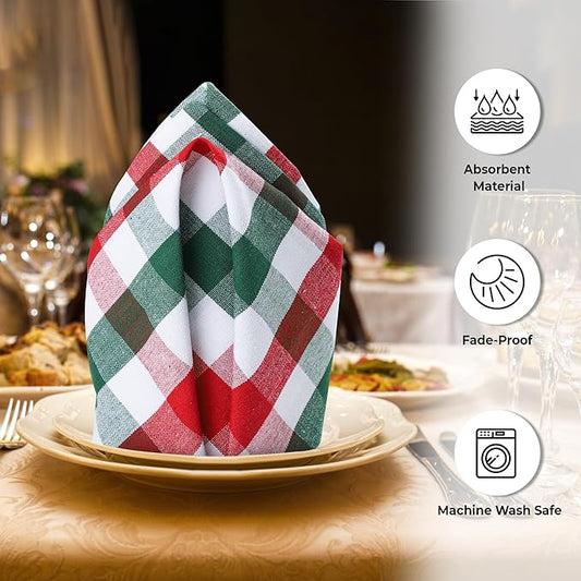 Urban Villa Cloth Napkins Set of 12 20x20 Inches 100% Cotton Napkins Cloth Washable Durable Reusable Absorbent Table Dinner Napkins Cloth for Christmas Hotel Lunch Restaurant Parties -X MAS Checks
