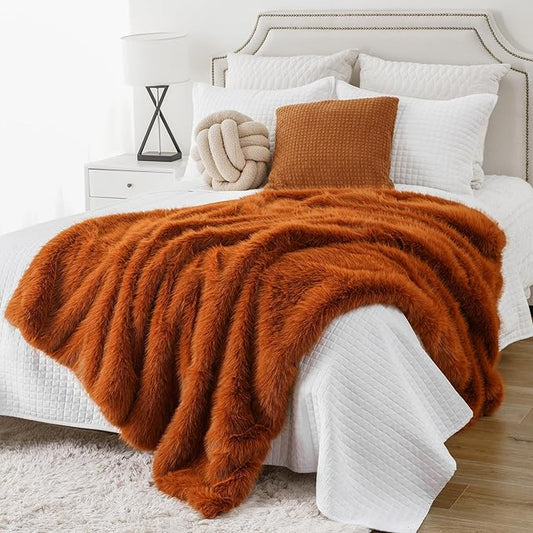 BATTILO HOME Luxury Fall Faux Fur Throw Blanket, Orange Faux Fur Blanket for Couch, Home Decor, Fall Decor, Soft Fluffy Fur Throws with Long Pile, 50"x60"