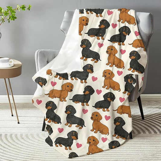 Cute Dachshund & Heart Blanket - Plush, Soft, Comfy, Lightweight, Warm, Fuzzy, Cozy Flannel Throw Blanket for Couch, Travel, Bed, Office, Outdoor - 50in×60in