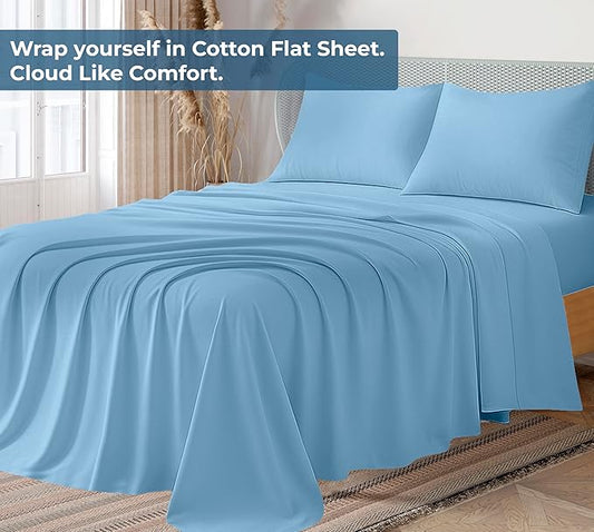Royale Linens 100% Organic Cotton Twin Flat Sheet Only - Super Soft - Percale Top Sheets - Twin Flat Sheet Sold Separately - Breathable, Cool & Crisp Lake Blue Sheets Only (66" x 96", Lake Blue)