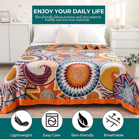 STASOPTK Boho Cotton Muslin Twin Size Bed Throws,100% Cotton Rustic 4 Layer Reversible Colorful Woven Blankets, Washable Breathable Mexican Decor Bed Blankets 60"×80" for Couch Sofa All Seasons