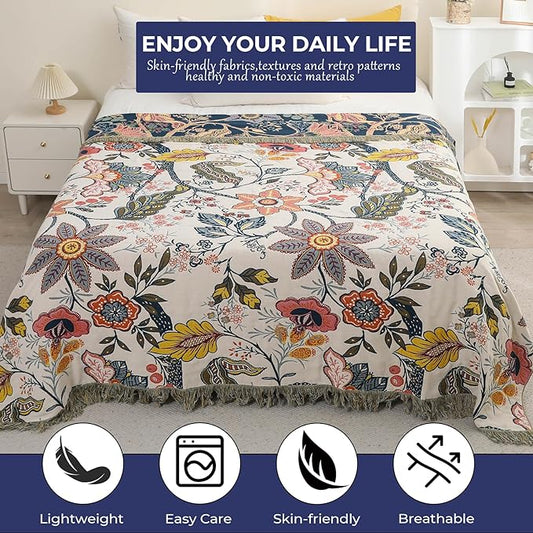 STASOPTK Boho Cotton Throw Blanket - Ultra-Soft Rustic Quilt for Bed, Home Decor & Travel - Large 60"x80" Muslin Blanket - All-Season Lightweight Bedspread & Throw for Women & Moms