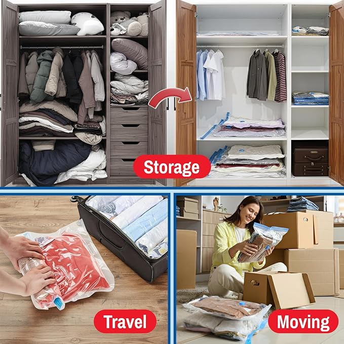 Spacesaver 8 Pack Jumbo Vacuum Storage Bags for Blankets & Clothes – Jumbo Vacuum Sealed Compression Bags with Hand Pump – Space Saver Storage Bags for Bedding, Moving, Travel & Organization