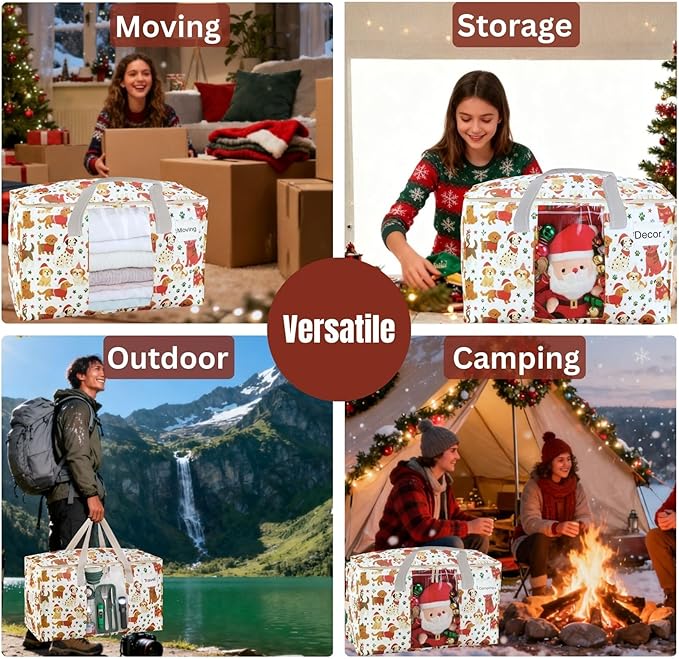 VENO 2 Pack Moving Bags, Large Christmas Storage Bins with lids, Packing Supplies for College, Alternative to Moving Boxes, Foldable, Heavy-Duty Tote, Christmas Pattern (Holiday Pups, 2 Pack)
