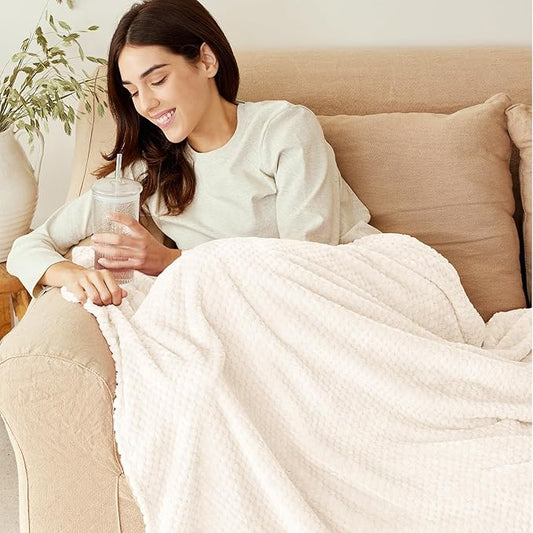 Exclusivo Mezcla Fleece Bed Blanket Queen Size, Super Soft and Warm Blankets for Couch, Sofa and Bed Waffle Textured, Cozy, Fuzzy and Lightweight (Ivory, 90x90 Inches)