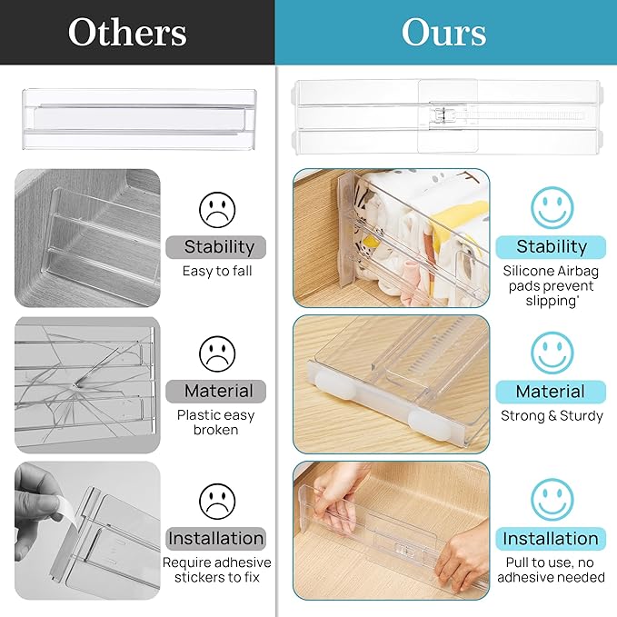 Vtopmart 8 Pack Drawer Dividers for Clothes, 4" High 10.2"-16.5" Adjustable Expandable Dresser Drawer Organizer, Clear Plastic Separators for Dresser, Baby Clothing, Underwear, Cosmetic, Toiletries