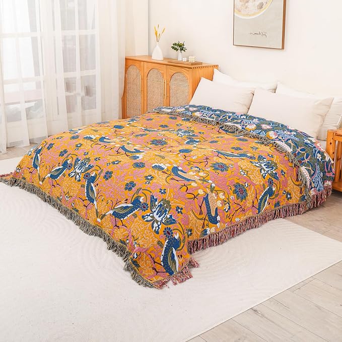 King Throw Blanket for Bed 100% Cotton Boho Oversized Soft Cozy Muslin Quilt Blanket Double Embroider Bird and Florals, Vintage Farmhouse Cottage Woven Blankets for Bedding Couch,90"×98"- Blue&Yellow