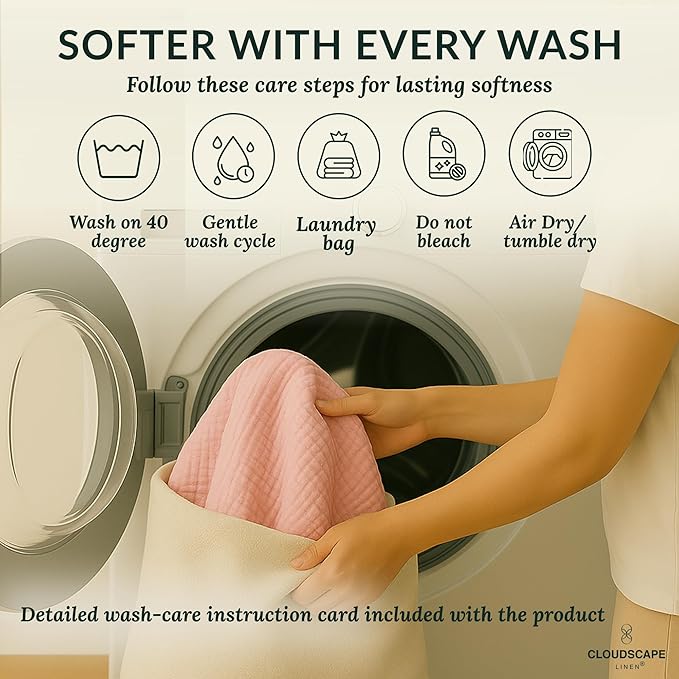 Cloud Scape Linen 8-Layer Muslin Blanket Queen Size - 100% Cotton, Soft and Breathable, Oversized Winter Blanket, Fits up to Full Size Bed, 92x92, Seashell Pink