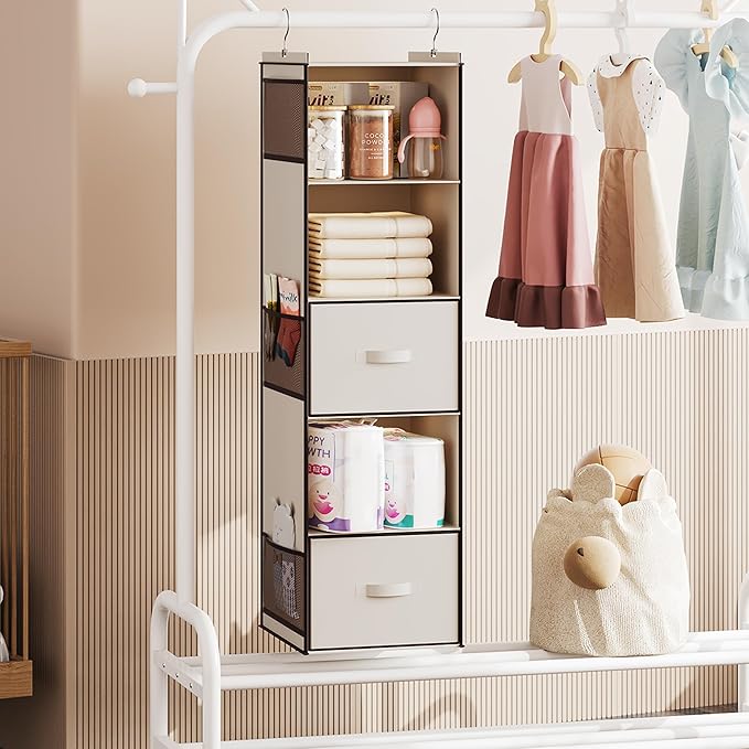 YOUDENOVA Hanging Closet Organizer, 5 Tier Hanging Closet Shelves with Drawers and 6 Side Pockets, Beige
