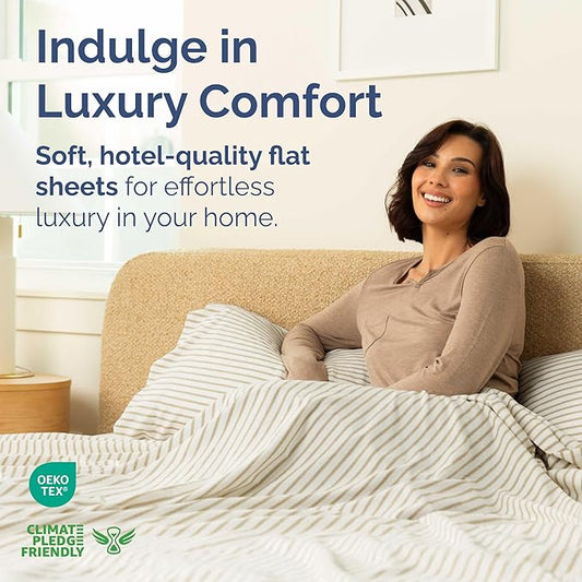 Full Size Flat Sheet - Hotel Quality Top Flat Bed Sheet Only - Ultra-Soft, Comfy, Breathable & Cooling - Fade & Wrinkle Free - Easy-Care, Stain & Shrink Resistant Bedding - Oeko-Tex - Beige Stripes