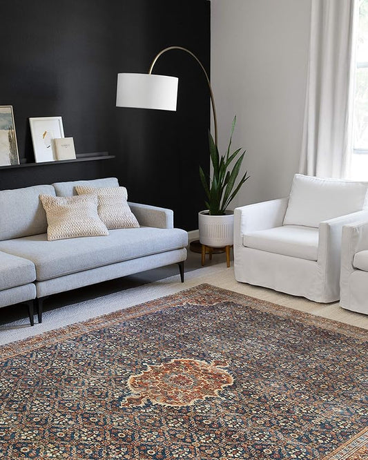 Loloi Layla Collection LAY-09 Cobalt Blue/Spice 2'-0" x 5'-0" .13" Thick Accent Rug, Soft, Durable, Vintage Inspired, Distressed, Low Pile, Non-Shedding, Easy Clean, Printed, Living Room Rug