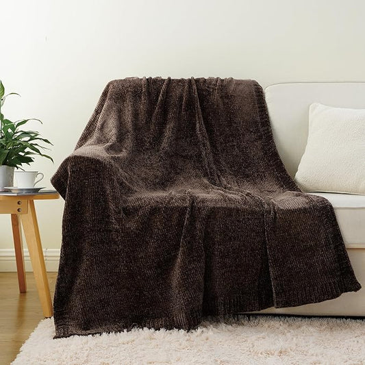 BATTILO HOME Dark Brown Throw Blanket for Couch, Soft Chenille Throw Blankets for Bed, Sofa, Home Decorative Chocolate Brown Throw Blanket, Knitted Cozy Brown Blanket, 51"x67"