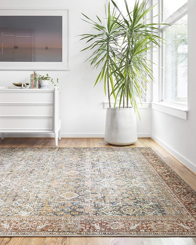 Loloi Layla Collection LAY-04 Ocean/Rust 5'-0" x 7'-6" .13" Thick Area Rug, Soft, Durable, Vintage Inspired, Distressed, Low Pile, Non-Shedding, Easy Clean, Printed, Living Room Rug