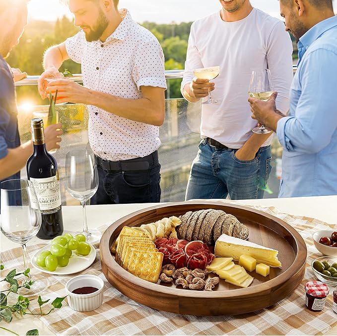 18" Acacia Wood Lazy Susan for Table Top - Wooden Brown Turntable Serving Tray for Charcuterie Boards Cheese Board - Extra Large Round Lazy Susan Organizer - Kitchen Revolution for Cabinet