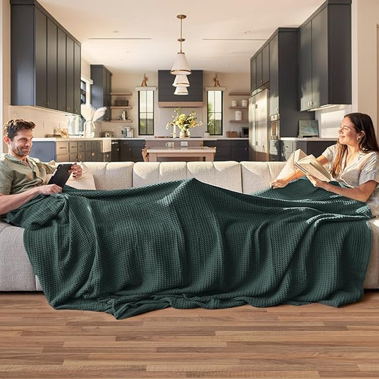 Bedsure Gentlesoft 100% Cotton Blanket Queen Size for Bed - Breathable and Soft for Spring Summer, Thick Cozy Waffle Weave Blanket Gifts for Women, Dark Green, 90x90 Inches