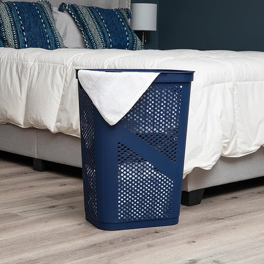 Mind Reader Slim Laundry Hamper with Lid, 60L Clothes Basket, Ventilated Plastic, Navy