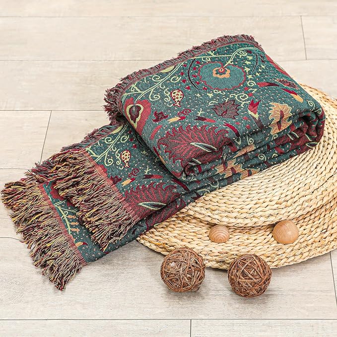 Boho Fall Throw Blanket for Bed,100% Ultra Cotton Soft Breathable Bed Throw Floral Printed Farmhouse Decor Rustic Bed Throws for Couch Sofa Quilt 90" x 98"