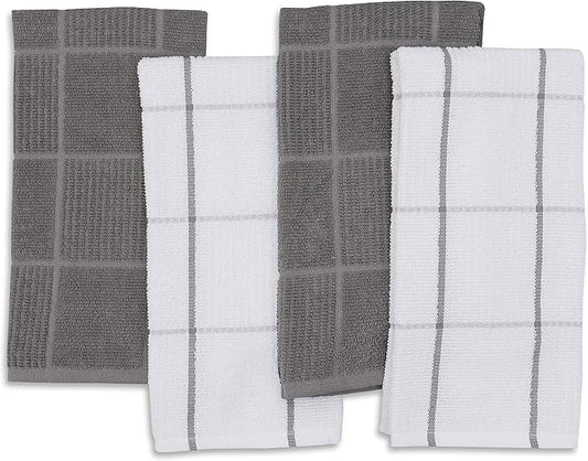 AMOUR INFINI Kitchen Towels Pack of 4 Absorbent, Quick Drying Premium Terry Cotton Dish Towel with Hanging Loop 16x28 Inch Hand & Tea Towels (L.Grey)