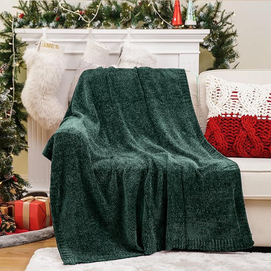BATTILO HOME Christmas Green Throw Blanket for Couch, Chenille Knitted Blanket for Home Decor, Super Soft Warm Blanket for Bed Sofa Living Room, 51"x67"