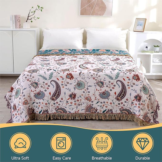 Boho Throw Blanket for Bed,100% Ultra Cotton Soft Breathable Bed Throw Floral Printed Farmhouse Decor Rustic Bed Throws for Couch Sofa Quilt White Flowers 90" x 98"