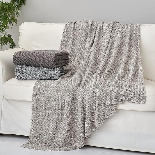 Longhui bedding Knitted Throw Blanket for Couch, Soft, Cozy Machine Washable 100% Cotton Sofa Blanket, Heavy 3.8lb Weight, Laundry Bag Included, Grey and White