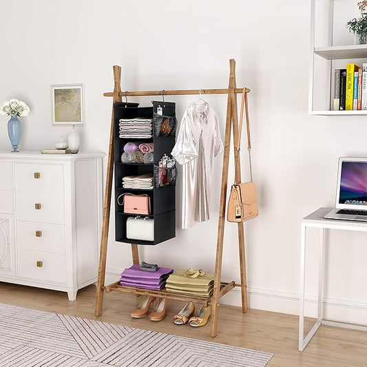 MAX Houser 5-Shelf Hanging Closet Organizer,Space Saver, Cloth Hanging Shelves with 4 Side Pockets,Foldable, Black